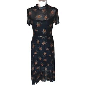 NWT Goth Black Rose Butterfly Mesh Mock Neck Midi Dress Short Sleeve Whimsigoth